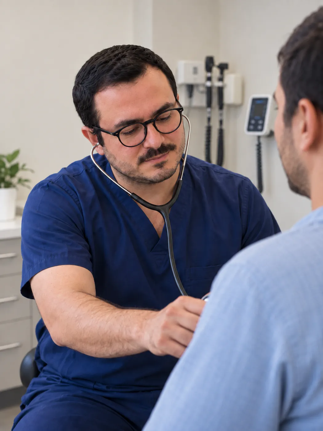 El Dr. Carlos Salcido auscultando el corazón de un paciente en consulta