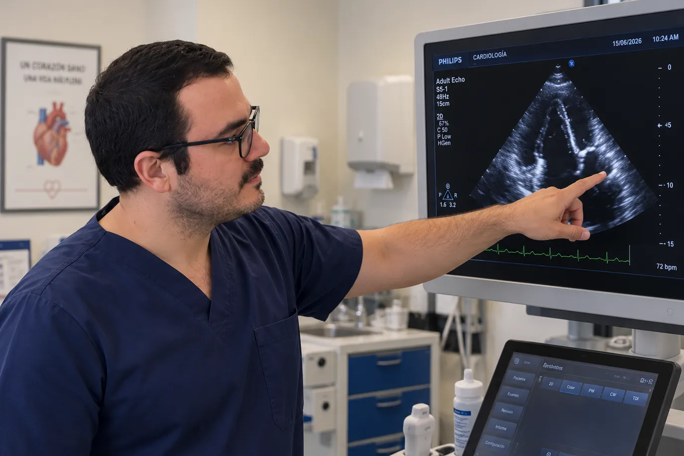 El cardiólogo revisando un ecocardiograma en pantalla